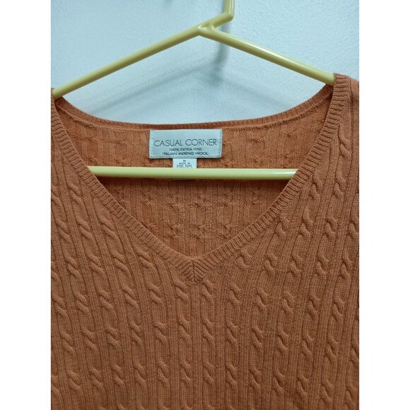 VTG 90s Casual Corner Womens Sweater Medium Orange Merino Wool Cable Knit - Picture 8 of 8